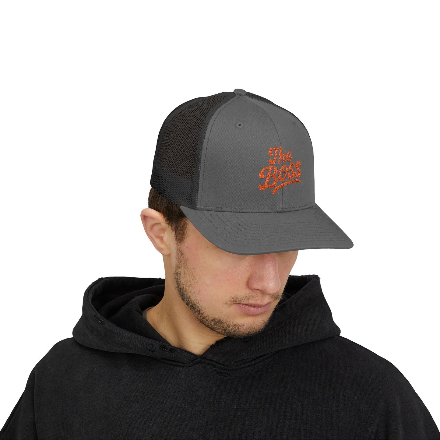 The Boss Trucker Hat – Embroidered Statement Hat for Power Moves Only. Orange Letters