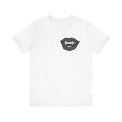Vampire Mouth Graphic T-Shirt – Dark Theme Grayscale Fanged Lips on Black Tee with Gothic Bite and Modern Ghost Effect. Unisex Jersey Short Sleeve Tee