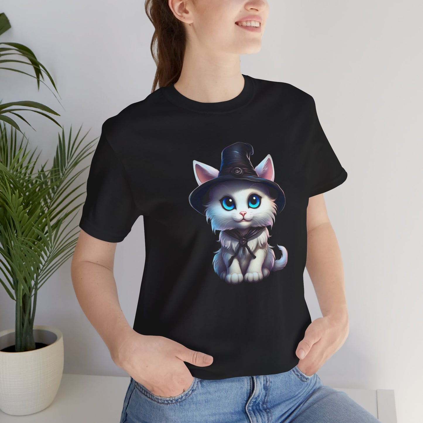 Adorable Witch Cat Halloween Shirt – Cute White Cat in Hat Graphic Tee for Cat Lovers and Halloween Fans
