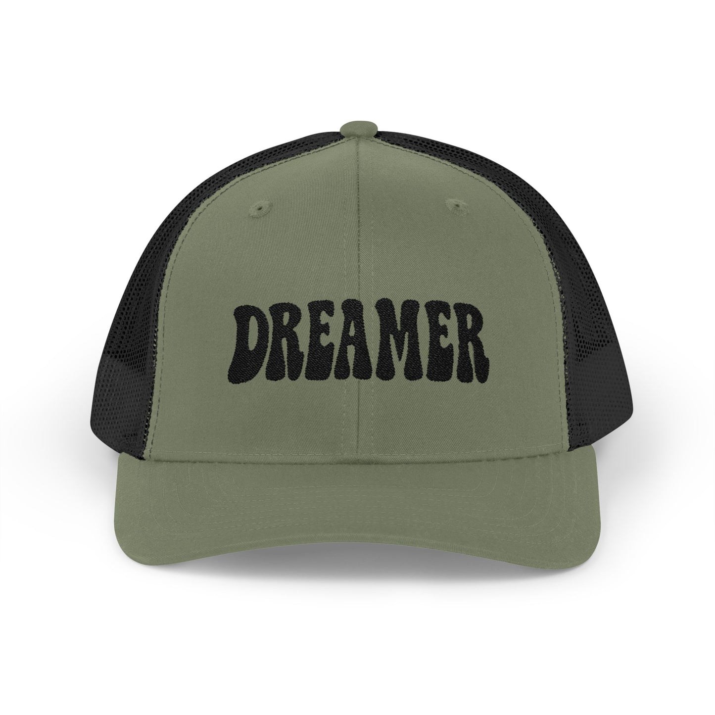 Dreamer Trucker Hat – Embroidered Minimalist Script Hat for Visionaries, Creatives, and Chill Daydreamers. Black Letters