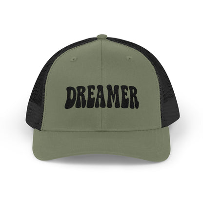 Dreamer Trucker Hat – Embroidered Minimalist Script Hat for Visionaries, Creatives, and Chill Daydreamers. Black Letters