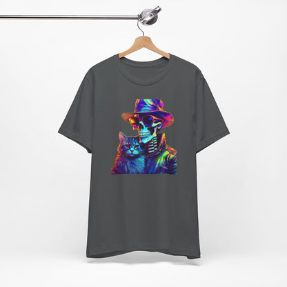 Cool Skeleton and Cat Halloween Shirt – Neon Retro Horror Graphic Tee for Spooky Style and Cat Lovers
