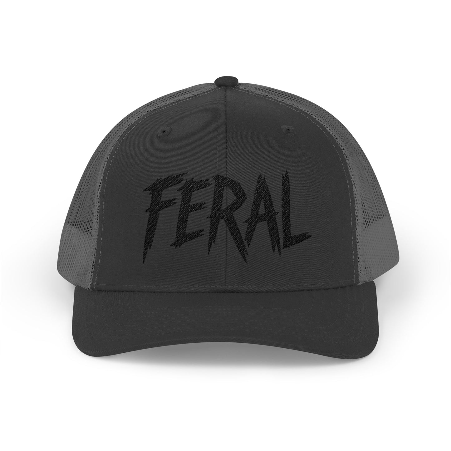 FERAL Embroidered Trucker Hat – Bold Statement Baseball Hat with Wild Energy Font for Rebels, Misfits, and Chaos Enthusiasts