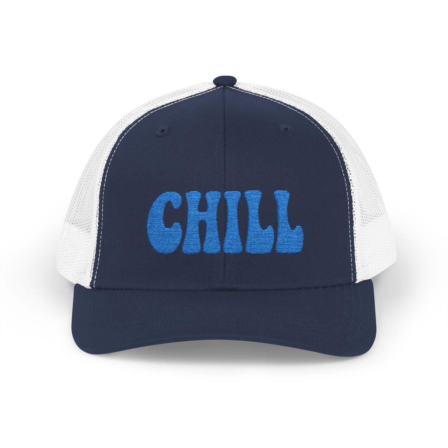 Chill Trucker Hat – Embroidered Relaxed Script Hat for Easygoing Vibes and Everyday Cool. Blue Letters