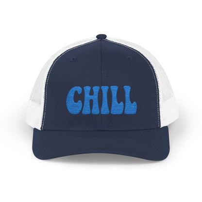 Chill Trucker Hat – Embroidered Relaxed Script Hat for Easygoing Vibes and Everyday Cool. Blue Letters