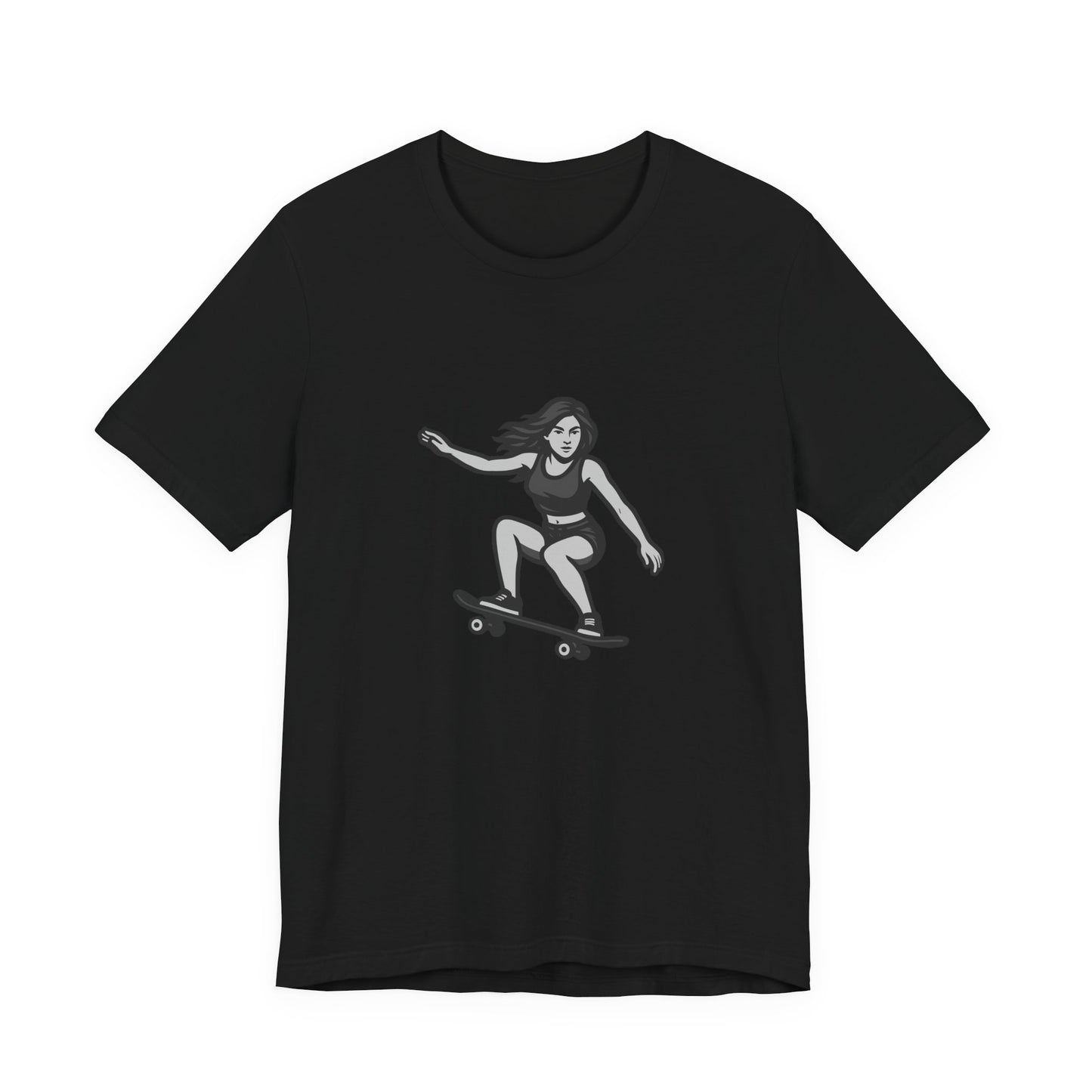 Skater Girl Graphic T-Shirt – Dark Theme Grayscale Skateboarding Design on Black Tee with Bold Motion and Modern Ghost Effect. Unisex Jersey Short Sleeve Tee