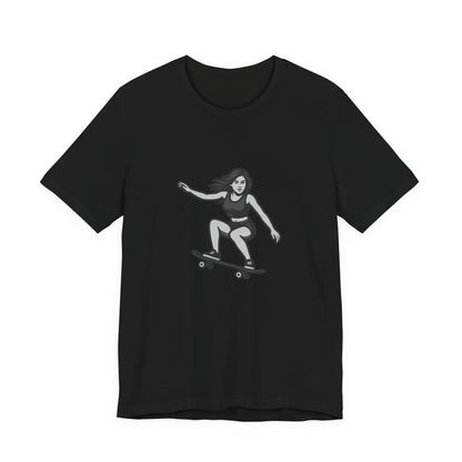 Skater Girl Graphic T-Shirt – Dark Theme Grayscale Skateboarding Design on Black Tee with Bold Motion and Modern Ghost Effect. Unisex Jersey Short Sleeve Tee