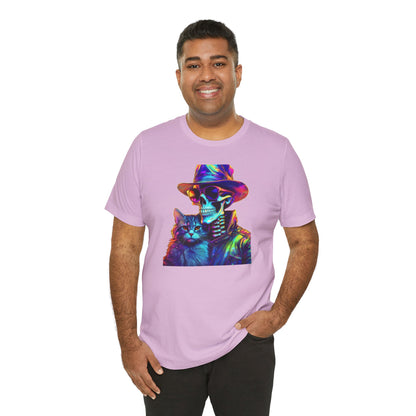 Cool Skeleton and Cat Halloween Shirt – Neon Retro Horror Graphic Tee for Spooky Style and Cat Lovers