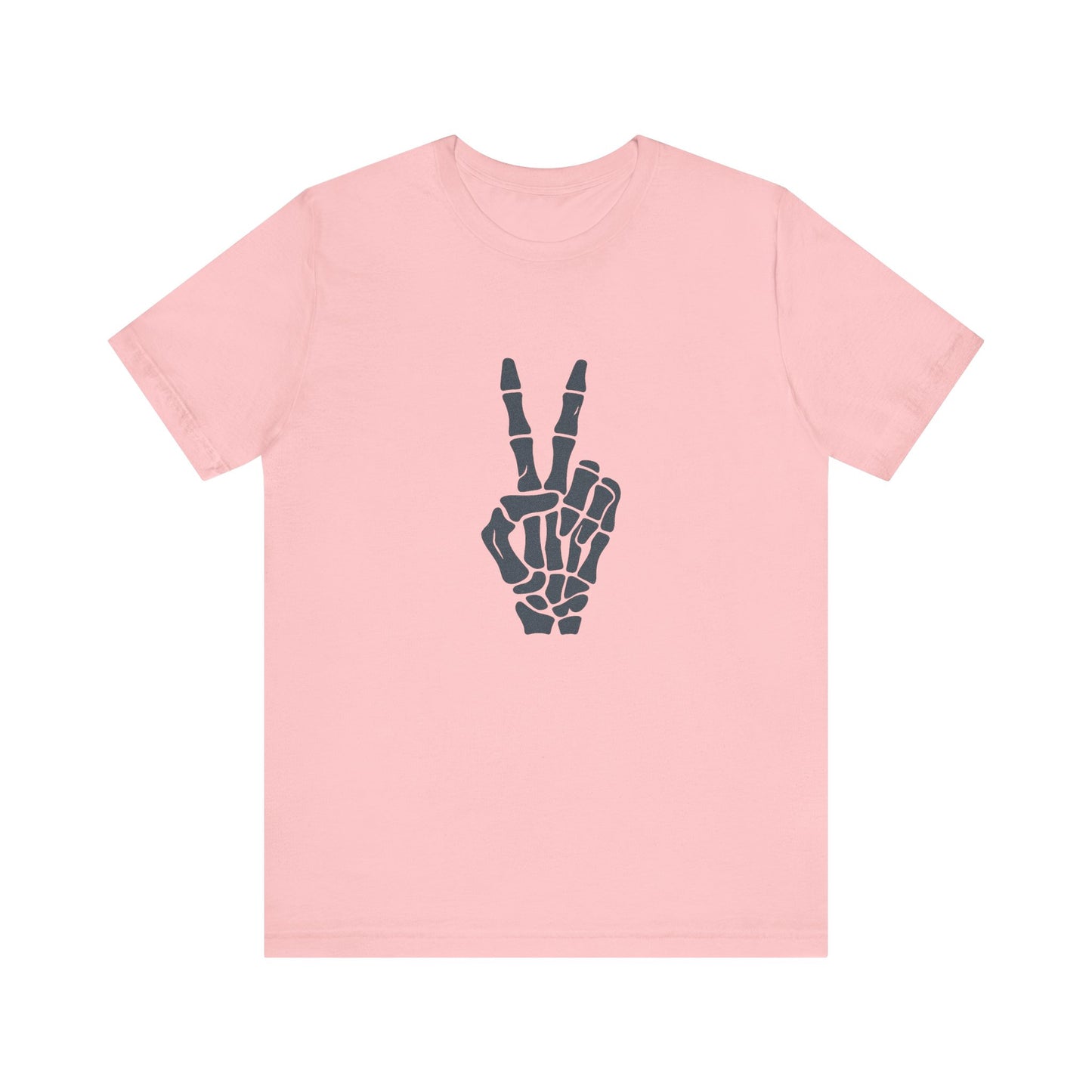Skeleton Peace Hand Graphic T-Shirt – Gritty Dark Theme Grayscale Bones on Black Tee with Rebellious Calm and Modern Ghost Effect. Unisex Jersey Short Sleeve Tee