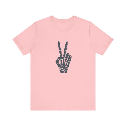 Skeleton Peace Hand Graphic T-Shirt – Gritty Dark Theme Grayscale Bones on Black Tee with Rebellious Calm and Modern Ghost Effect. Unisex Jersey Short Sleeve Tee