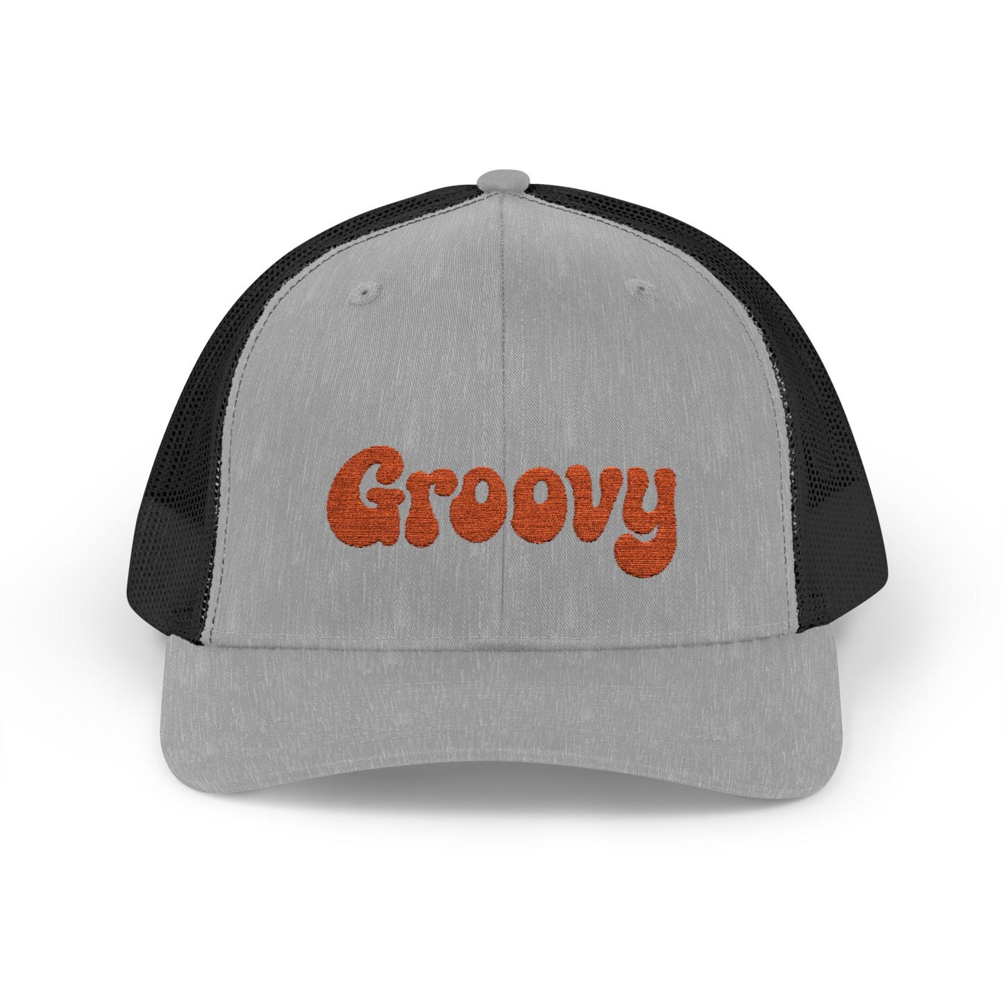 Groovy Trucker Hat – Retro Embroidered Hat with 70s Style Font for Funky Vibes, Chill Days, and Vintage Cool. Orange Letters