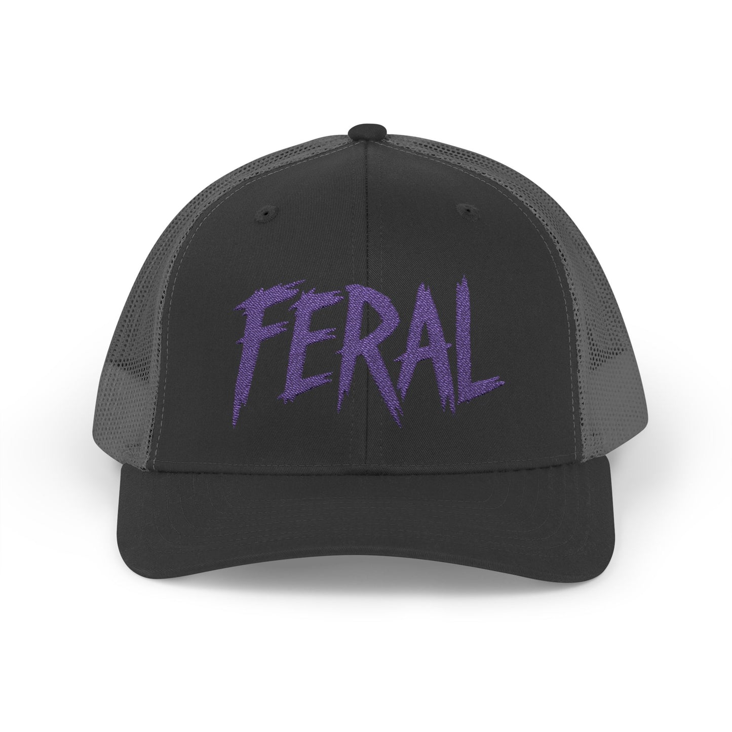 FERAL Embroidered Trucker Hat – Bold Statement Baseball Hat with Wild Energy Font for Rebels, Misfits, and Chaos Enthusiasts. Purple Letters.