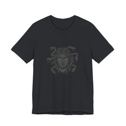 Medusa Graphic T-Shirt – Dark Theme Grayscale Snake-Haired Gorgon Design on Black Tee with Dark Myth Vibe and Modern Ghost Effect. Unisex Jersey Short Sleeve Tee