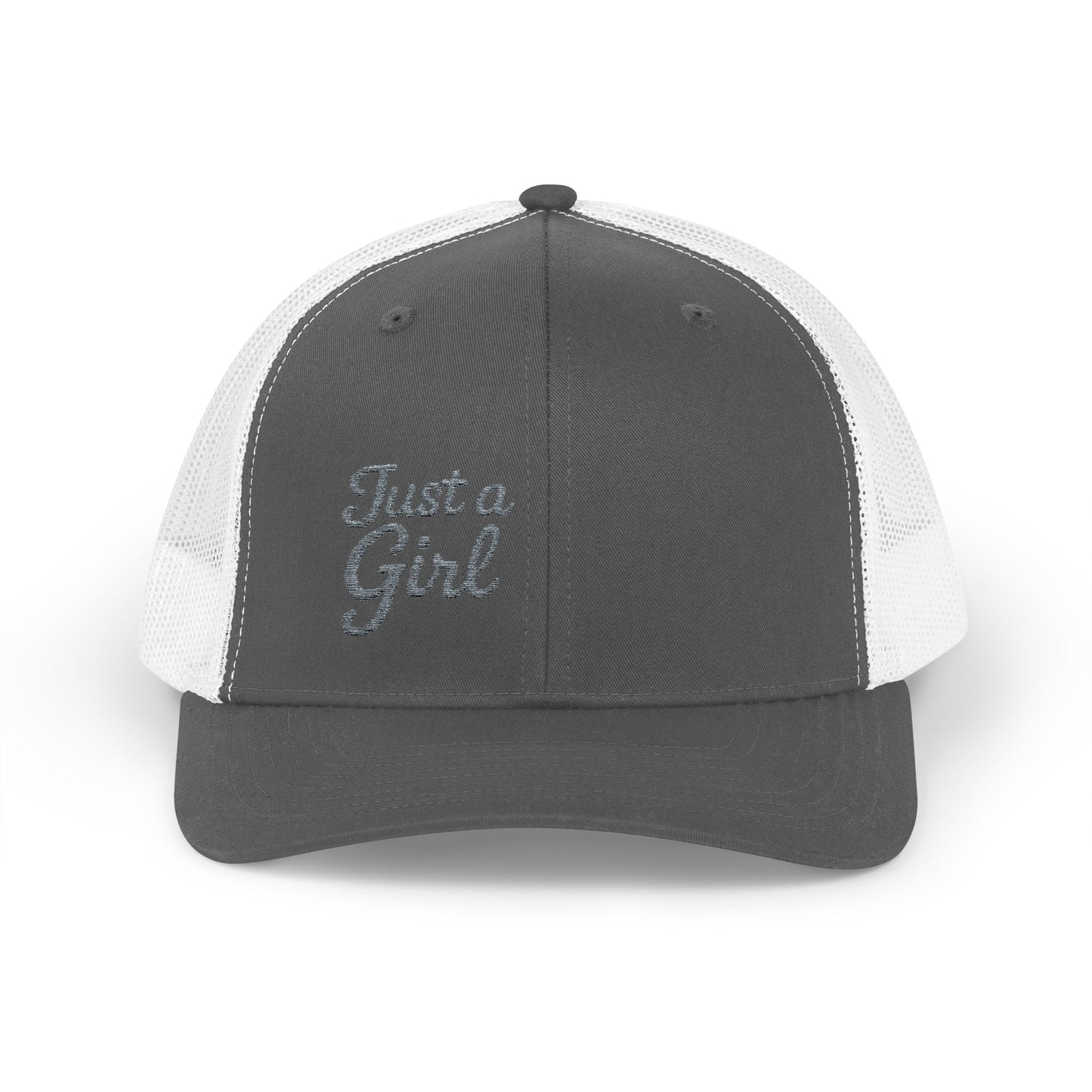 Just a Girl Trucker Hat – Minimalist Script Hat with Bold Feminine Energy and Classic Style. Grey Letters