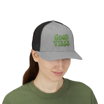 Good Vibes Trucker Hat – Embroidered Retro Text Hat for Positive Vibes, Chill Style, and Everyday Feel-Good Energy. Green Letters