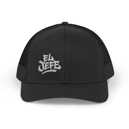 El Jefe Trucker Hat – Embroidered Bold Text Hat for Boss Energy, Leadership Style, and Latin Flair. White Letters