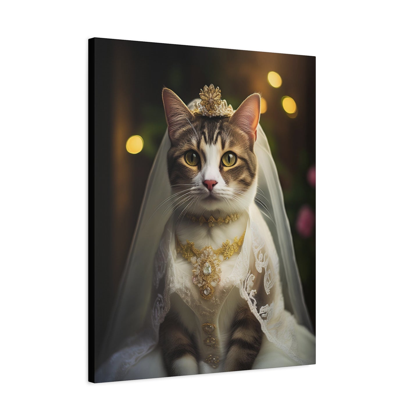 Cat Bride in White Lace Dress Canvas Art | Stretched Matte Wall Decor