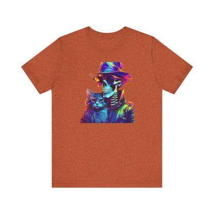 Cool Skeleton and Cat Halloween Shirt – Neon Retro Horror Graphic Tee for Spooky Style and Cat Lovers