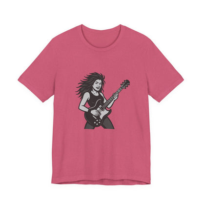 Rock Guitar Girl Graphic T-Shirt – Dark Theme Grayscale Electric Guitarist Design on Black Tee with Music Attitude and Modern Ghost Effect. Unisex Jersey Short Sleeve Tee