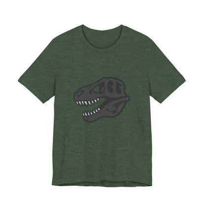 T-Rex Skull Graphic T-Shirt – Dark Theme Grayscale Dinosaur Skeleton Design on Black Tee with Prehistoric Edge and Modern Ghost Effect. Unisex Jersey Short Sleeve Tee