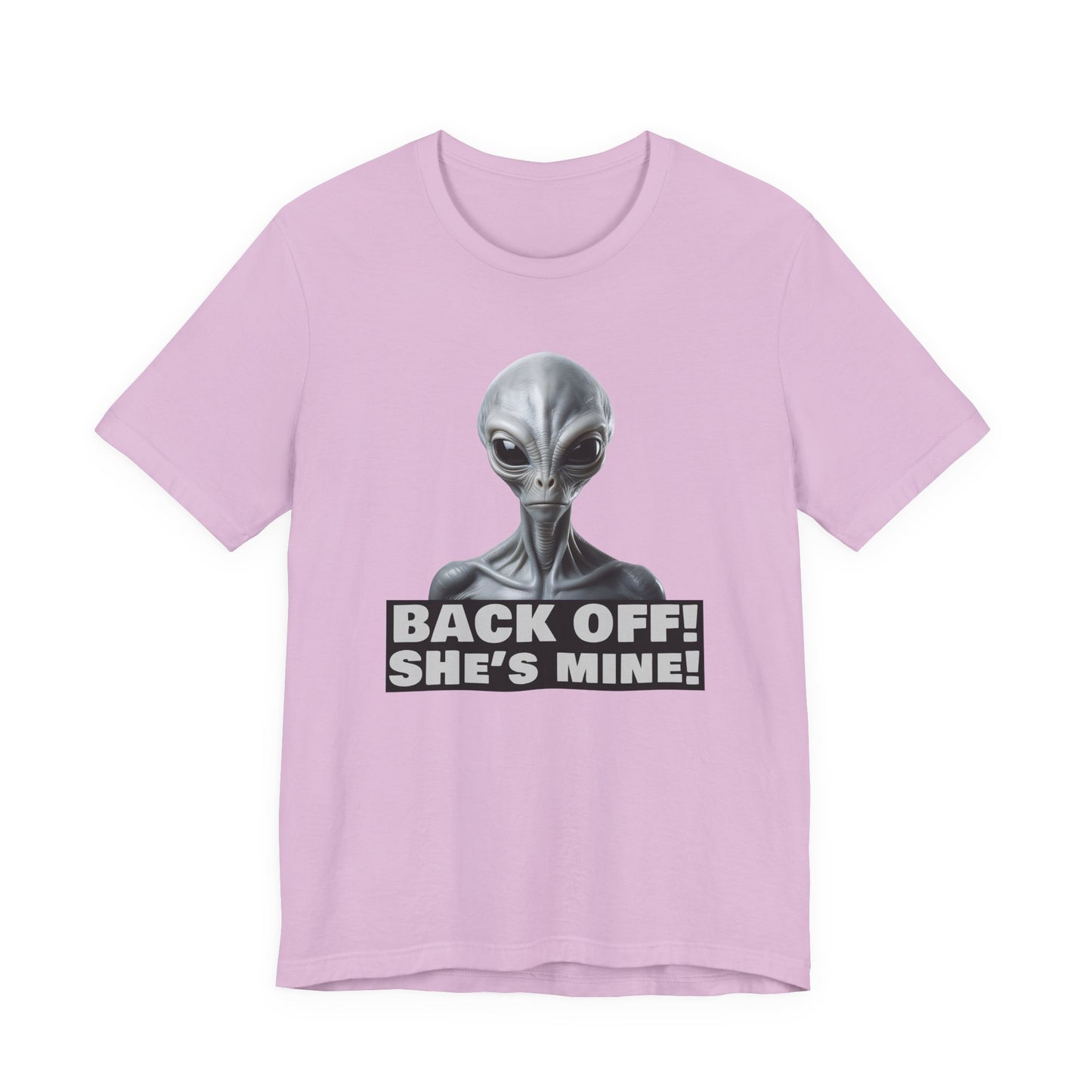 Alien Abduction Shirt – "Back Off She's Mine!" Funny UFO Humor Dark Theme Tee for Sci-Fi Fans & Funny Couples. Unisex Jersey Short Sleeve Tee