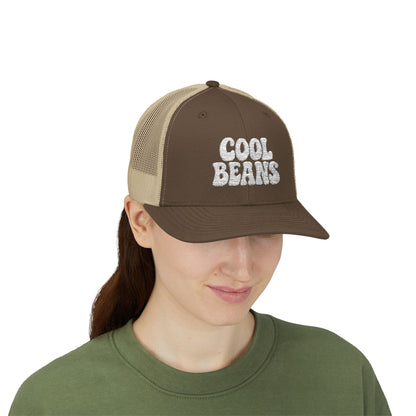 Cool Beans Trucker Hat – Embroidered Funny Minimalist Hat for Dry Humor and Casual Vibes. White Letters