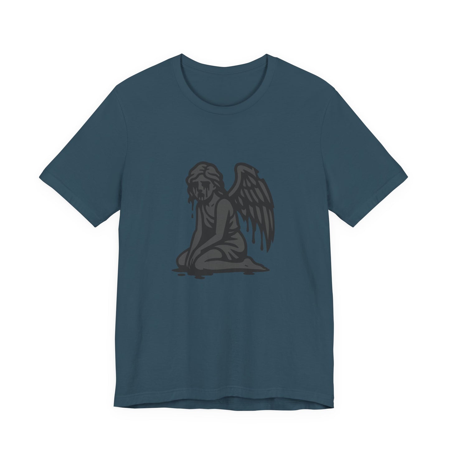 Fallen Angel Dark Theme Graphic T-Shirt – Dark Grayscale Crying Angel Design on Black Tee with Gothic Mood and Modern Ghost Effect. Unisex Jersey Short Sleeve Tee