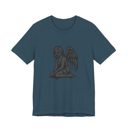 Fallen Angel Dark Theme Graphic T-Shirt – Dark Grayscale Crying Angel Design on Black Tee with Gothic Mood and Modern Ghost Effect. Unisex Jersey Short Sleeve Tee