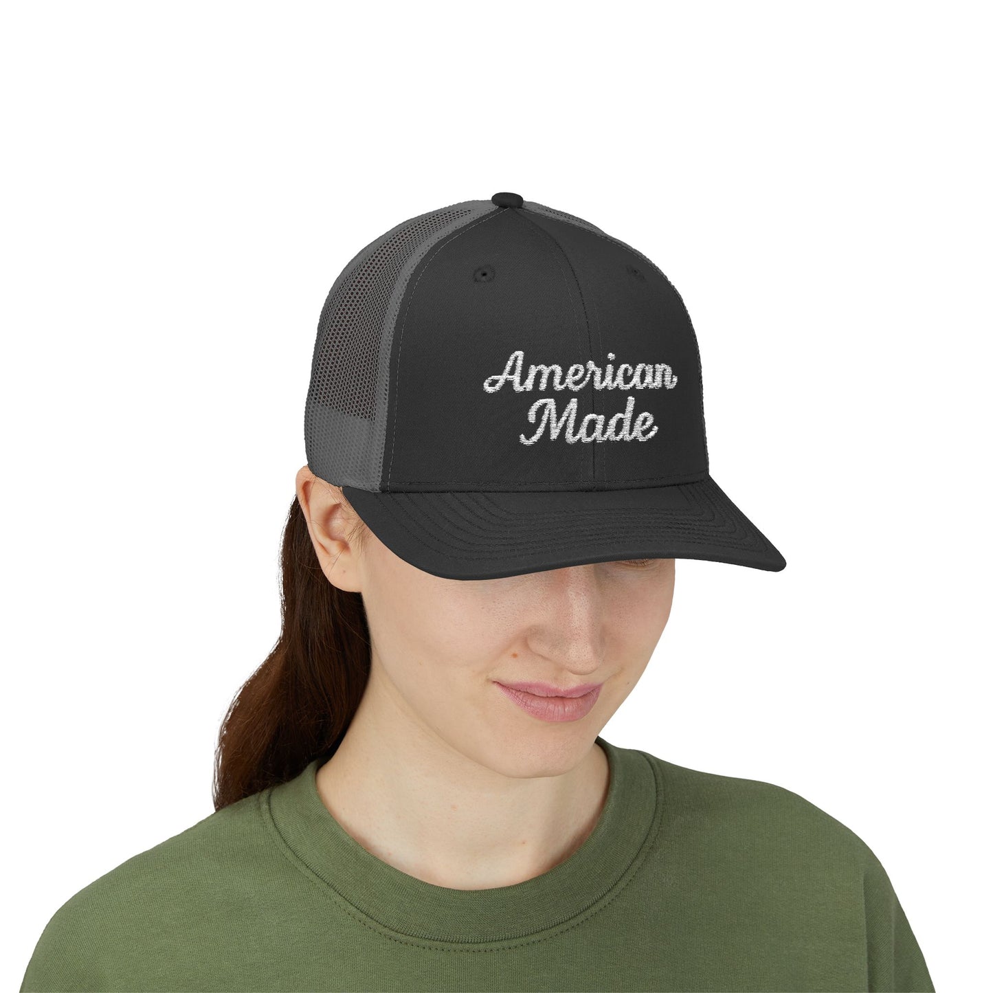 American Made Trucker Hat – Embroidered Patriotic Hat with Retro Script for USA Pride and Everyday Freedom. White Letters