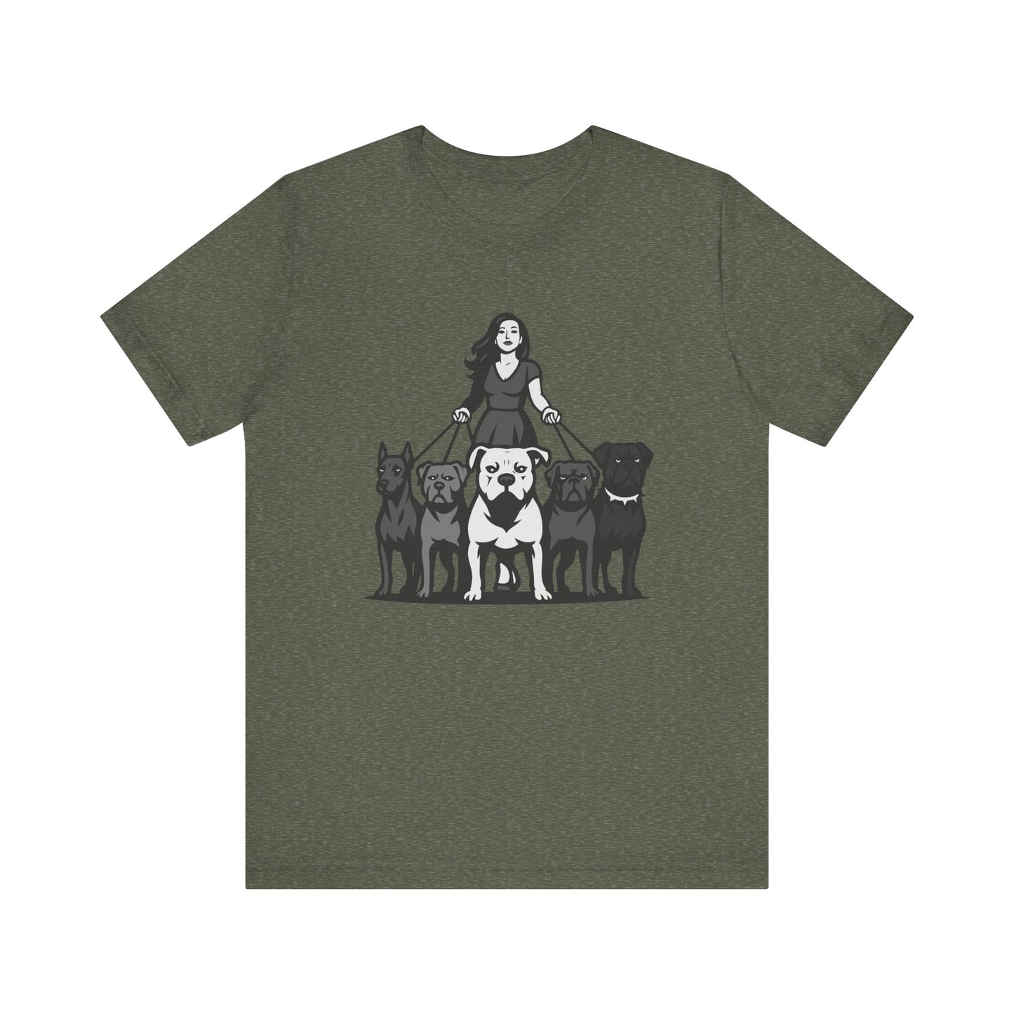 Alpha Woman with Dog Pack Graphic Tee Dark Theme – Confident Dog Walker Vector Design