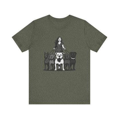 Alpha Woman with Dog Pack Graphic Tee Dark Theme – Confident Dog Walker Vector Design