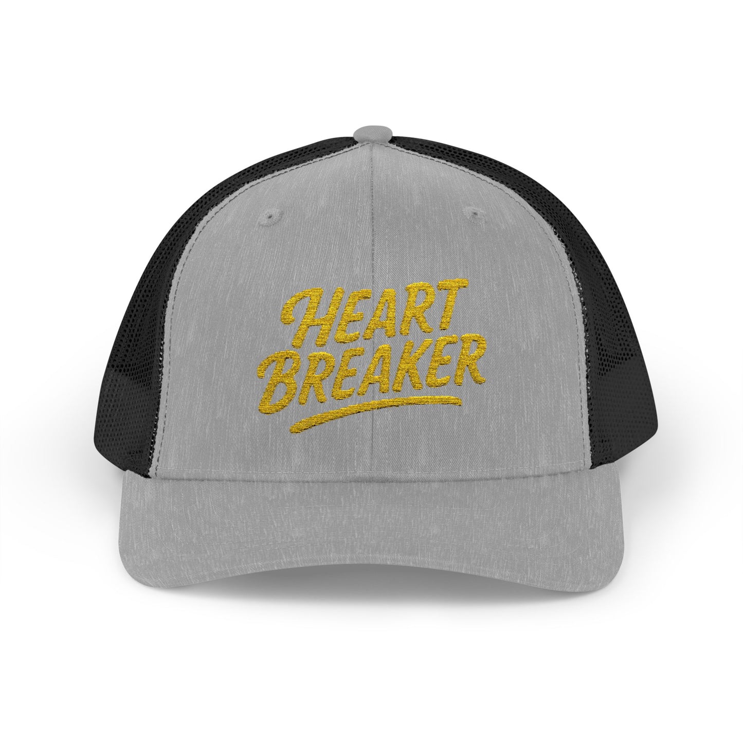 Heartbreaker Trucker Hat – Bold Baseball Hat with Retro Script and Broken Heart Design for Confident Rule-Breakers. Yellow Letters