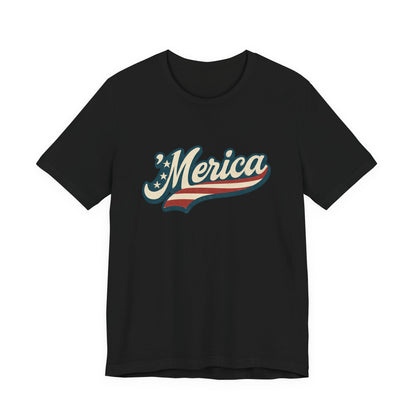 'Merica Vintage Script Shirt – Patriotic Retro USA Tee for 4th of July – Independence Day American Pride Design. Unisex Jersey Short Sleeve Tee