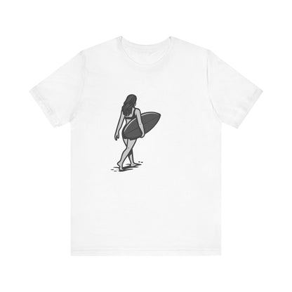 Surfer Girl Walking Graphic T-Shirt – Dark Theme Grayscale Beach Scene on Black Tee with Coastal Calm and Modern Ghost Effect. Unisex Jersey Short Sleeve Tee