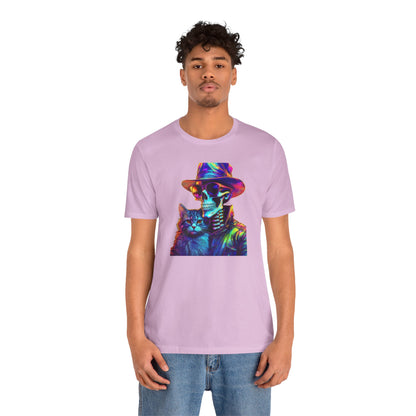 Cool Skeleton and Cat Halloween Shirt – Neon Retro Horror Graphic Tee for Spooky Style and Cat Lovers