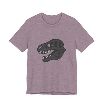 T-Rex Skull Graphic T-Shirt – Dark Theme Grayscale Dinosaur Skeleton Design on Black Tee with Prehistoric Edge and Modern Ghost Effect. Unisex Jersey Short Sleeve Tee
