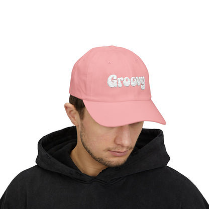 Groovy Classic Dad Hat – Retro Embroidered Hat with 70s Style Font for Funky Vibes, Chill Days, and Vintage Cool. White Letters