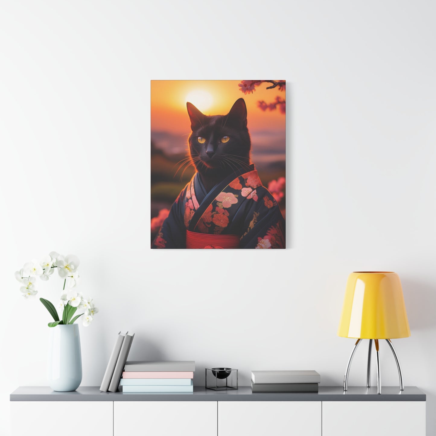 Zen Whiskers: Geisha Cat at Sunset Canvas Art | Stretched Matte Wall Decor 001