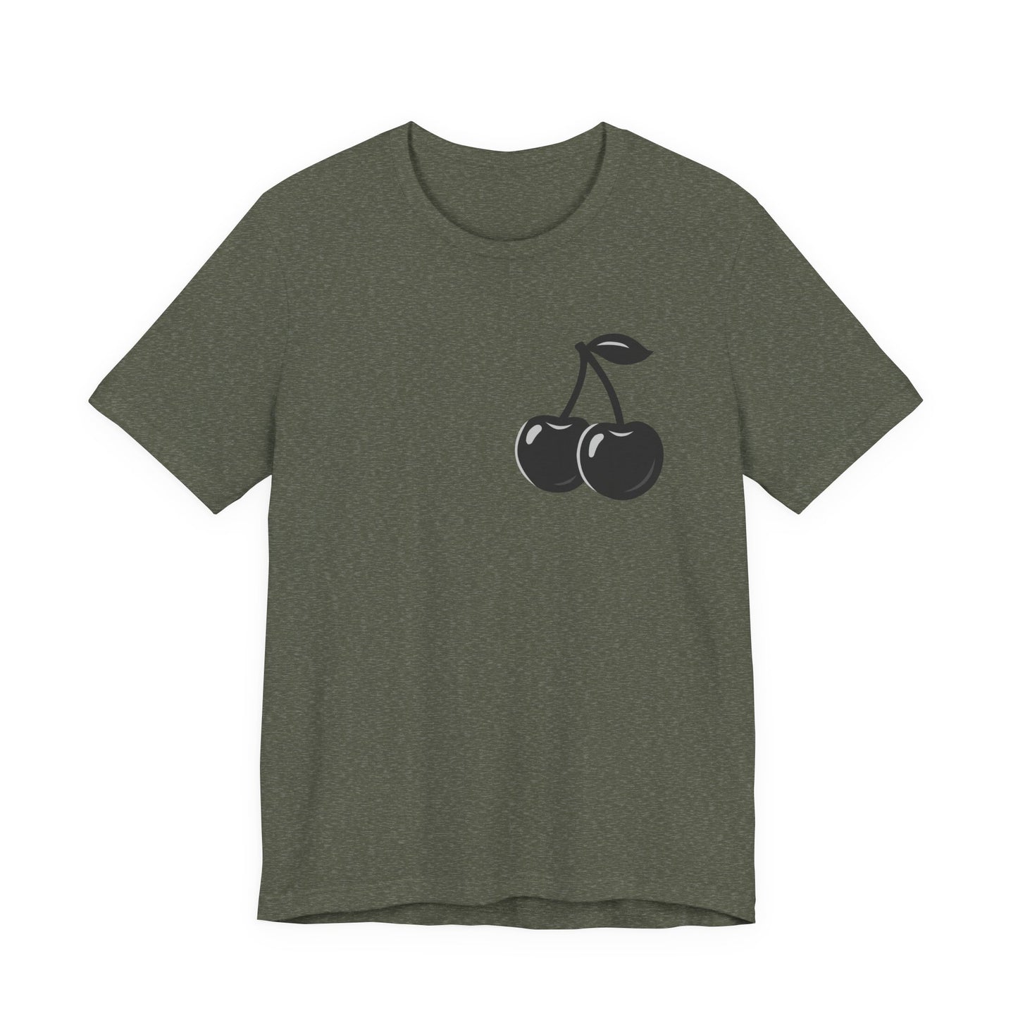 Dark Cherry Graphic T-Shirt – Minimal Dark Theme Grayscale Fruit Design on Black Tee with Subtle Style and Modern Ghost Effect. Unisex Jersey Short Sleeve Tee