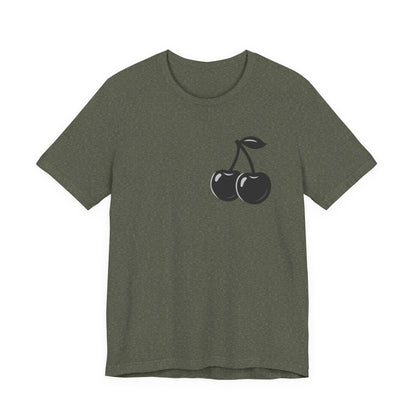 Dark Cherry Graphic T-Shirt – Minimal Dark Theme Grayscale Fruit Design on Black Tee with Subtle Style and Modern Ghost Effect. Unisex Jersey Short Sleeve Tee
