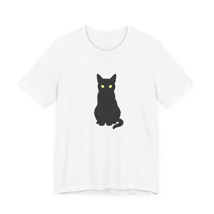 Glowing-Eyed Black Cat Shirt – Dark Theme Feline Stare for Maximum Spook and Minimal Effort. Unisex Jersey Short Sleeve Tee