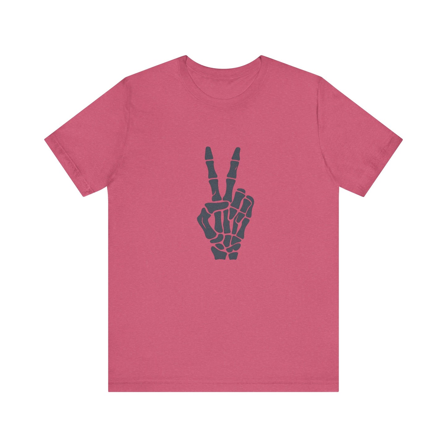 Skeleton Peace Hand Graphic T-Shirt – Gritty Dark Theme Grayscale Bones on Black Tee with Rebellious Calm and Modern Ghost Effect. Unisex Jersey Short Sleeve Tee