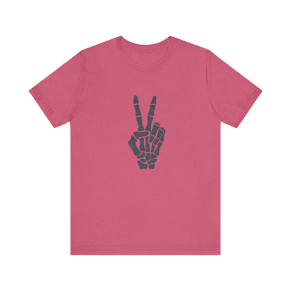 Skeleton Peace Hand Graphic T-Shirt – Gritty Dark Theme Grayscale Bones on Black Tee with Rebellious Calm and Modern Ghost Effect. Unisex Jersey Short Sleeve Tee