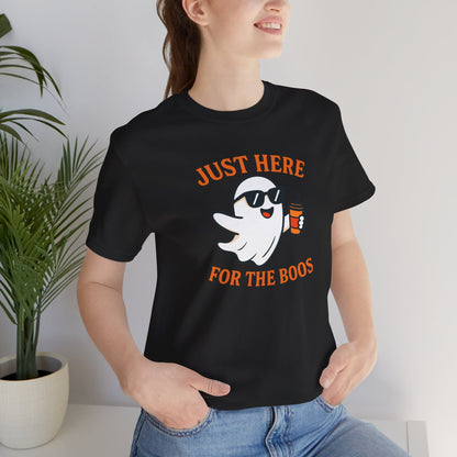 Just Here for the Boos Halloween Shirt – Funny Ghost Drinking Coffee Graphic Tee for Spooky Season