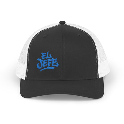 El Jefe Trucker Hat – Embroidered Bold Text Hat for Boss Energy, Leadership Style, and Latin Flair. Blue Letters