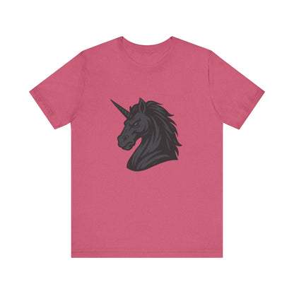Dark Unicorn Profile T-Shirt – Dark Theme Grayscale Fierce Mythical Horse Design on Black Tee with Gothic Magic and Modern Ghost Effect. Unisex Jersey Short Sleeve Tee