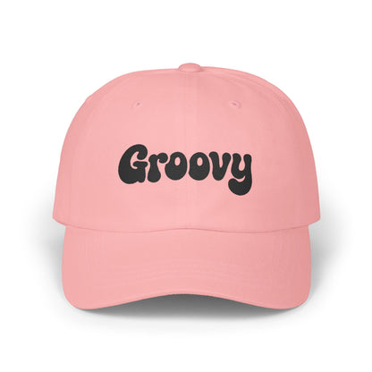 Groovy Classic Dad Hat – Retro Embroidered Hat with 70s Style Font for Funky Vibes, Chill Days, and Vintage Cool. Black Letters