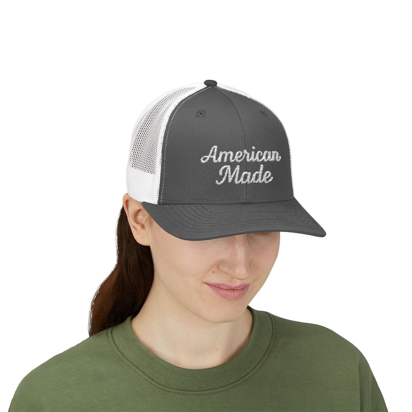 American Made Trucker Hat – Embroidered Patriotic Hat with Retro Script for USA Pride and Everyday Freedom. White Letters