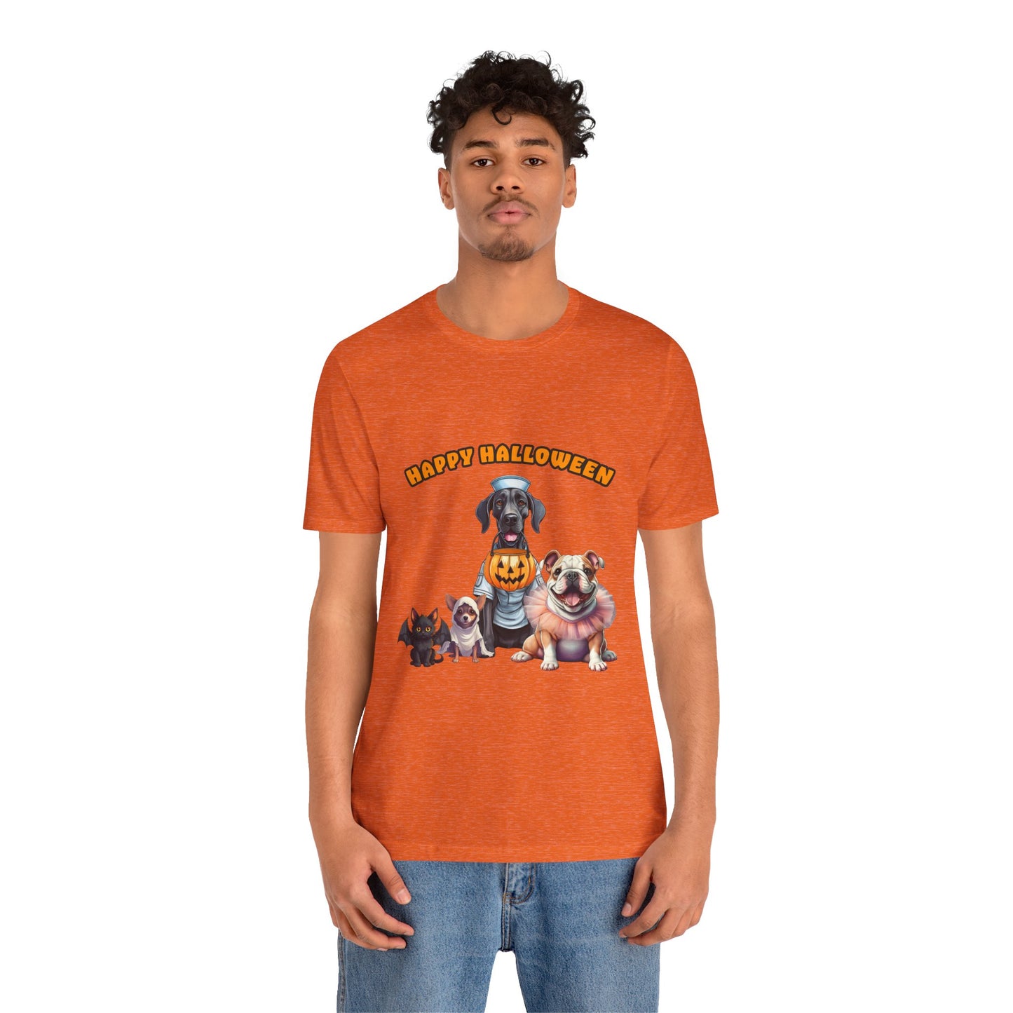 Happy Halloween Pet Parade Shirt – Cute Halloween Dogs and Cat in Costumes. Unisex Jersey Short Sleeve Tee