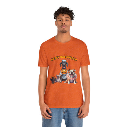 Happy Halloween Pet Parade Shirt – Cute Halloween Dogs and Cat in Costumes. Unisex Jersey Short Sleeve Tee